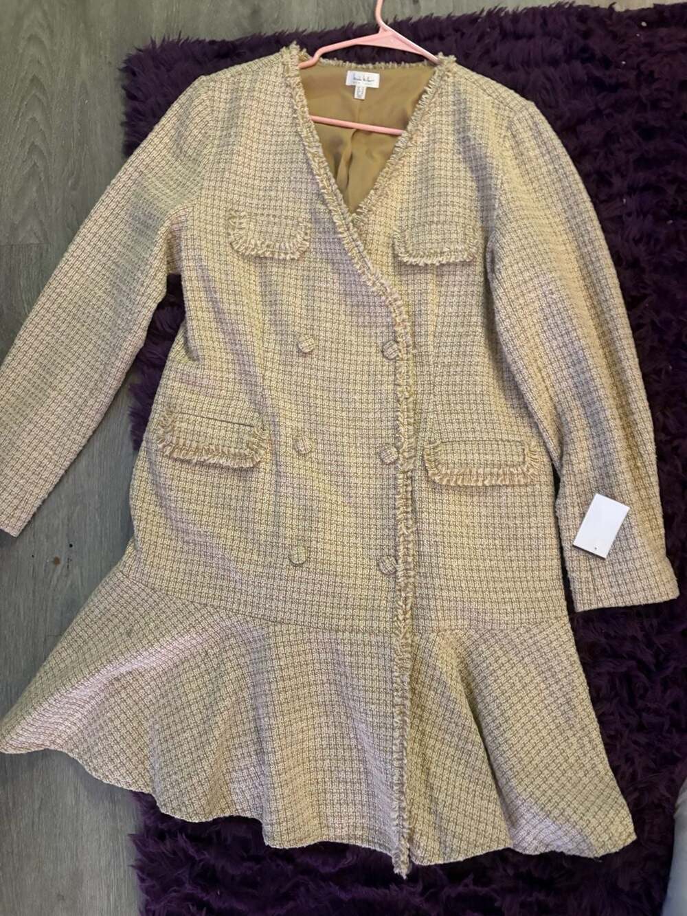 Nicole Miller New York Tweed Dress Size 14 Double Breasted Beige Flounce Hem